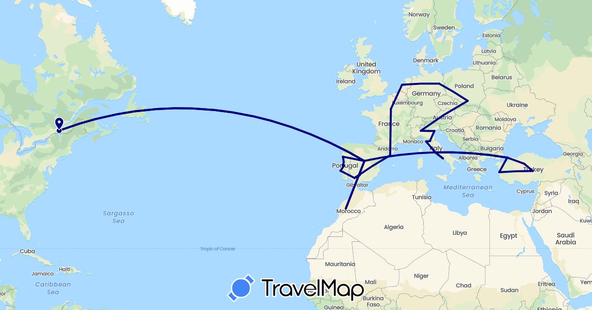TravelMap itinerary: driving in Canada, Germany, Spain, France, Italy, Morocco, Netherlands, Poland, Portugal, Turkey (Africa, Asia, Europe, North America)